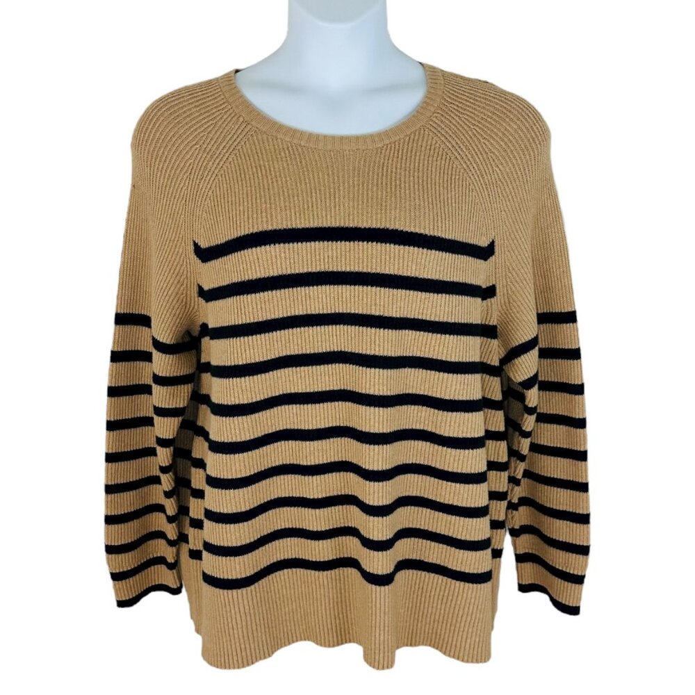 J. Jill Women's Plus Size 2X Striped Ribbed Knit Caramel Navy Sweater NEW